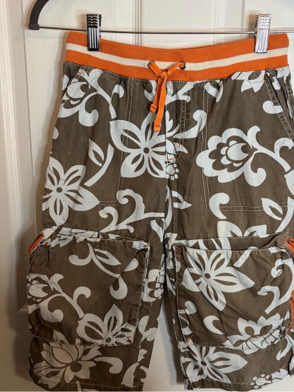 Mini Boden Brown Cargo Shorts with White Floral and Orange Waistband